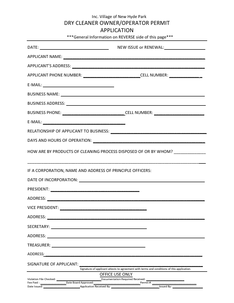 First page of the Dry Cleaner Owner/Operator Permit Application