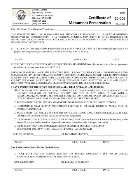First page of the Certificate of Monument Preservation (Form ED-006)