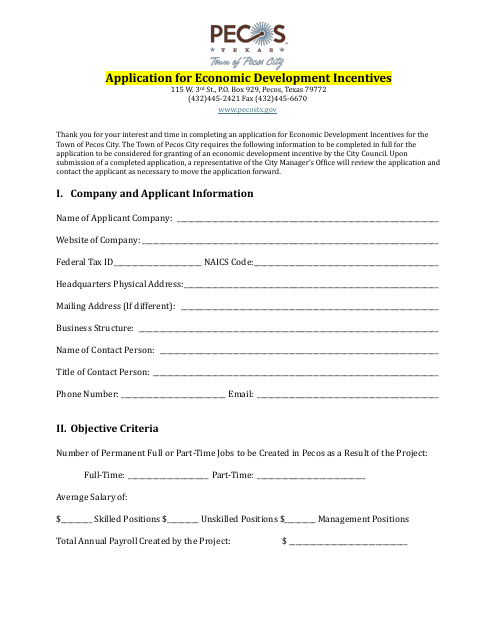 First page of the Application for Economic Development Incentives