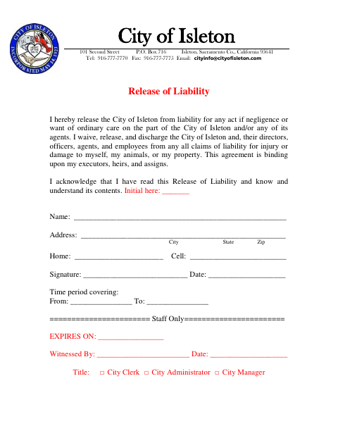 First page of the Release of Liability