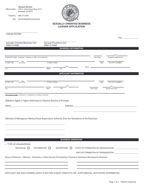 First page of the Sexually Oriented Business License Application