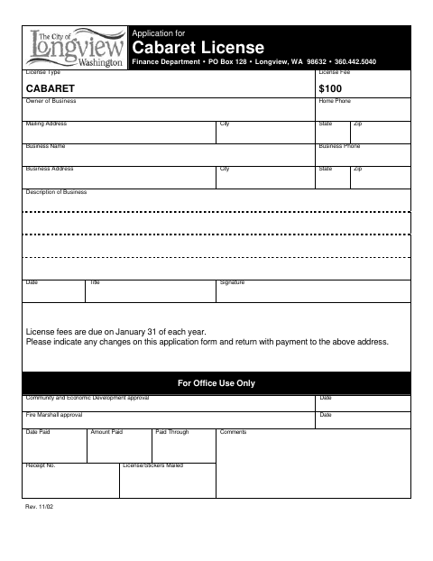 First page of the Application for Cabaret License