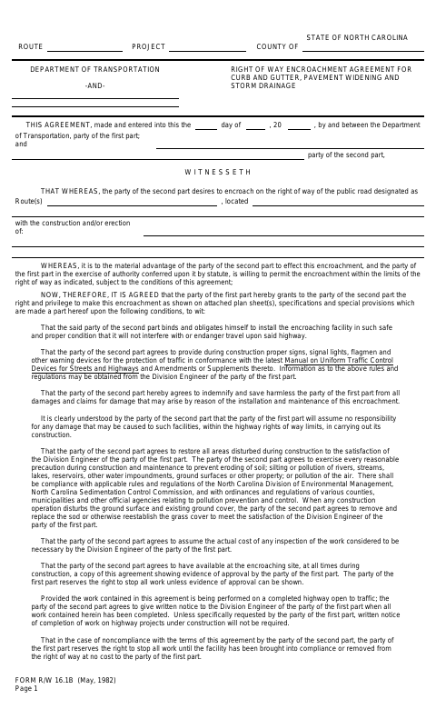 First page of the Right of Way Encroachment Agreement for Curb and Gutter, Pavement Widening and Storm Drainage