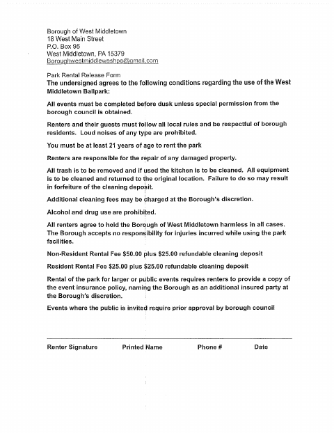 First page of the Park Rental Release Form