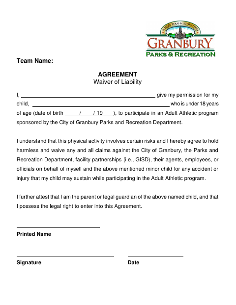 First page of the Youth Liability Waiver