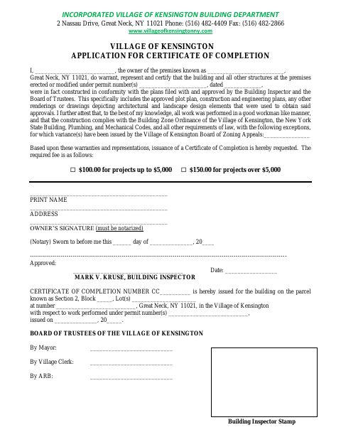 First page of the Application for Certificate of Completion