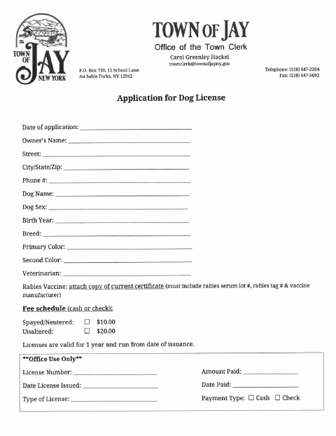 First page of the Dog License Application