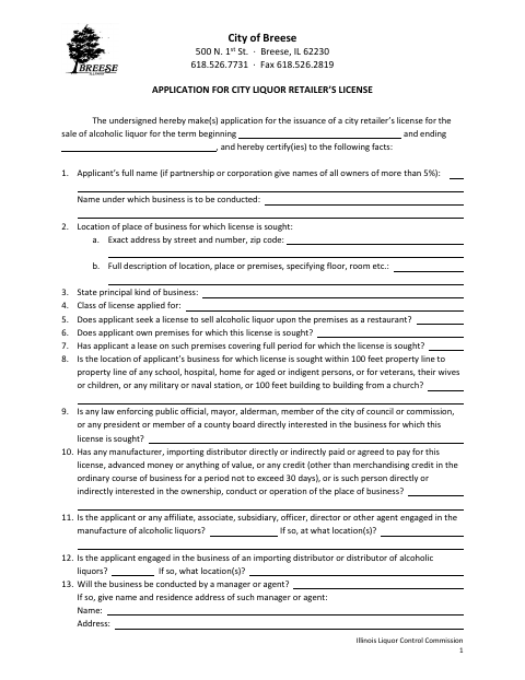 First page of the Application for City Liquor Retailer's License