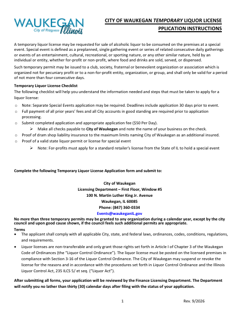 First page of the Temporary Liquor License Application