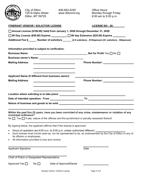 First page of the Itinerant Vendor / Solicitor License