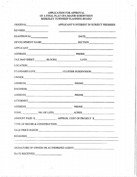 First page of the Final Major Subdivision Application