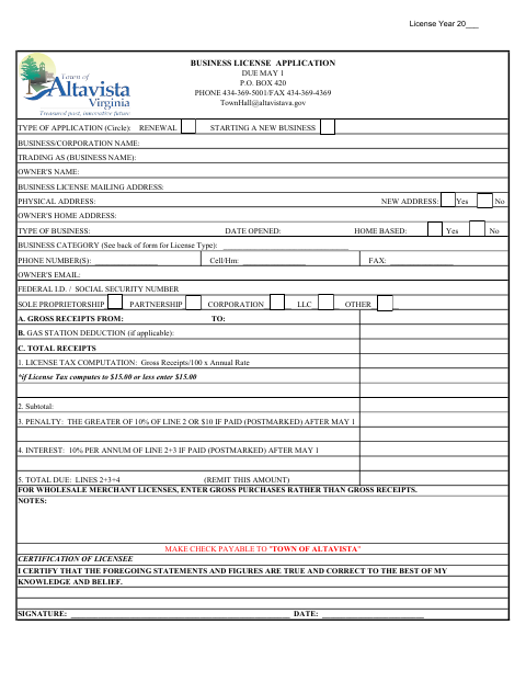 First page of the Business License Application