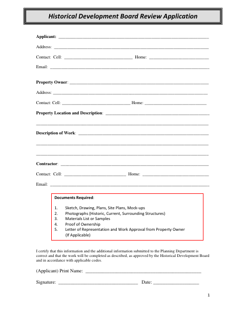 First page of the Historical Development Board Review Application