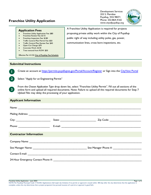 First page of the Franchise Utility Application