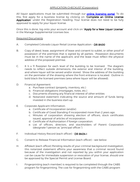 First page of the Corporate Liquor License Application