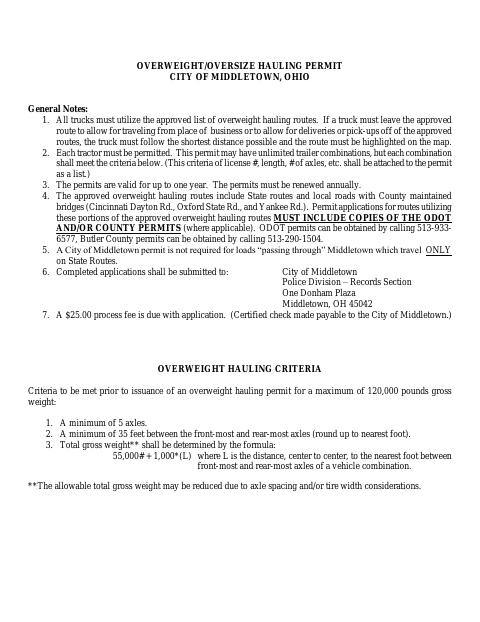 First page of the Overweight/Oversize Hauling Permit