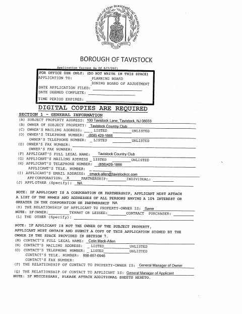 First page of the Minor Site Plan Application – Block 1 / Lot 1