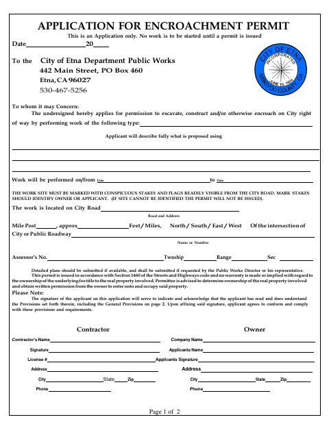 First page of the Application for Encroachment Permit