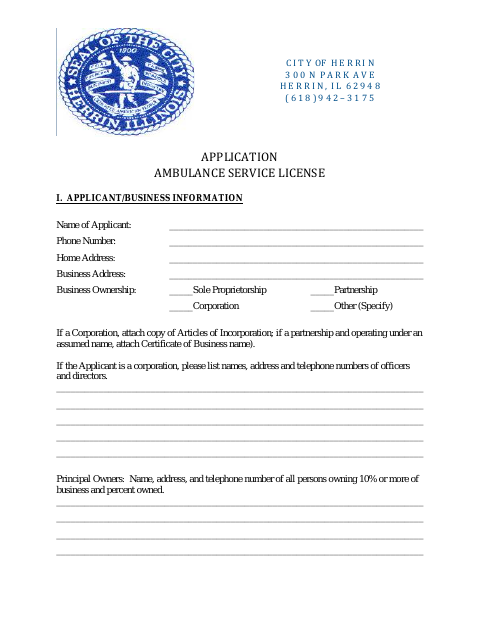 First page of the Ambulance Service License Application