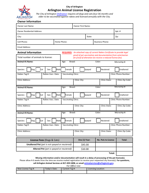 First page of the Animal License Registration
