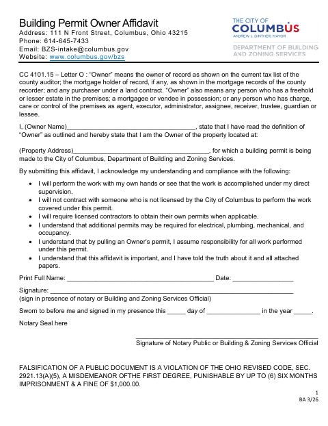 First page of the Building Permit Owner Affidavit