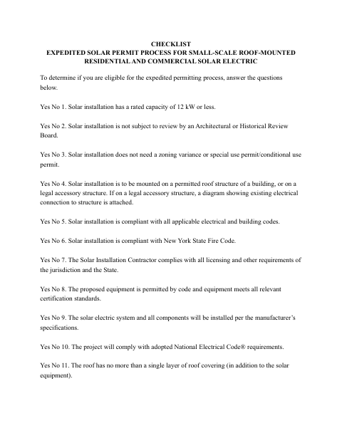 First page of the Expedited Solar Permit Process Checklist
