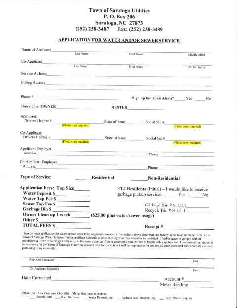First page of the Application for Water and/or Sewer Service