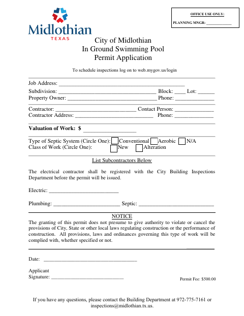First page of the In Ground Swimming Pool Permit Application