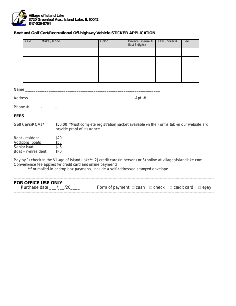 First page of the Boat and Golf Cart/Recreational Off-Highway Vehicle Sticker Application