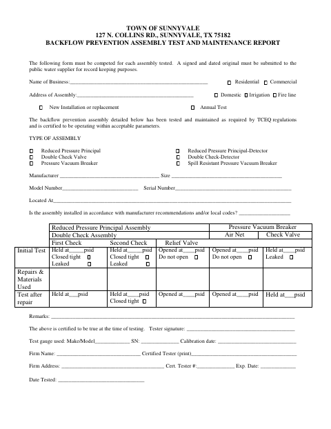 First page of the Backflow Prevention Assembly Test and Maintenance Report