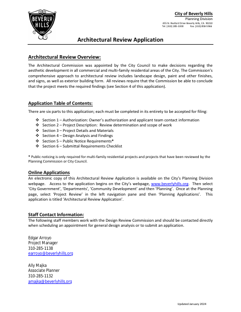 First page of the Architectural Review Application