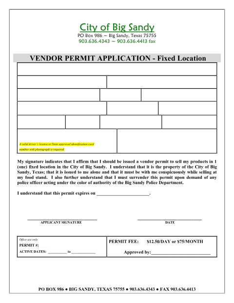 First page of the Vendor Permit Fixed Location Application