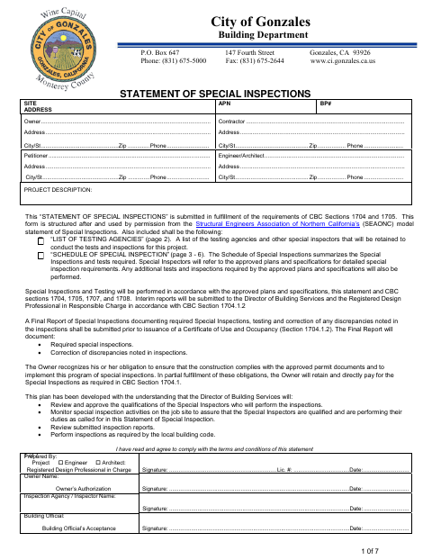 First page of the Special Test & Inspection Form