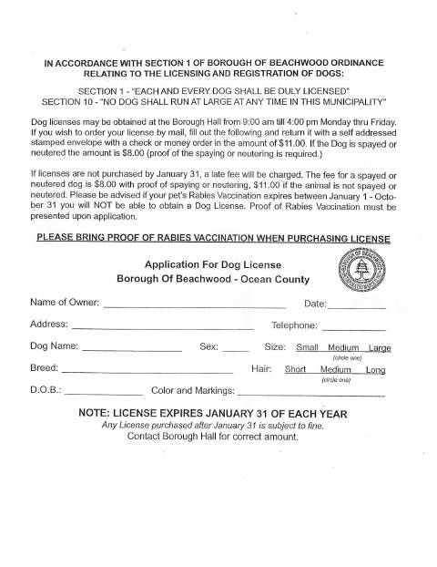 First page of the Dog License Application