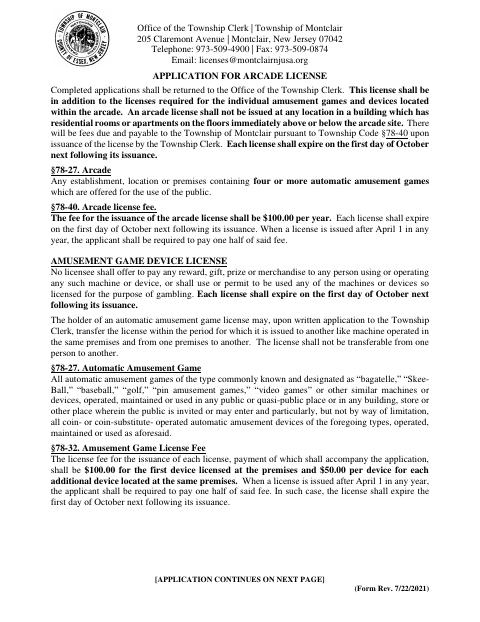 First page of the Application for Arcade License