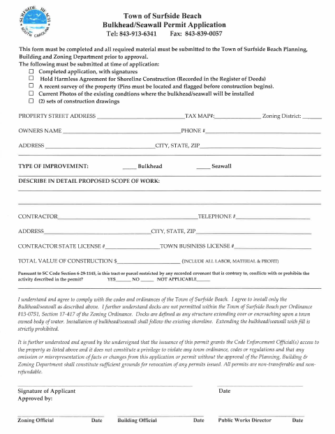 First page of the Bulkhead/Seawall Permit Application