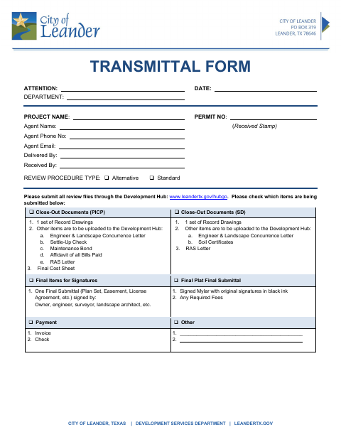 First page of the Transmittal Form