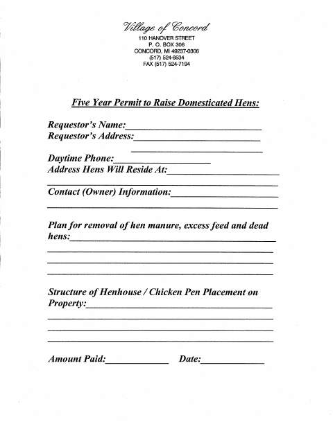 First page of the Domesticated Hens Permit