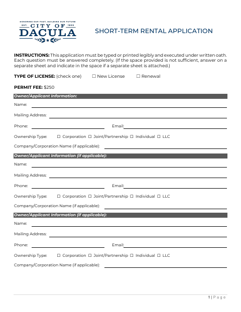 First page of the Short-Term Rental Application
