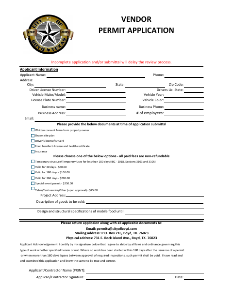 First page of the Vendor Permit Application