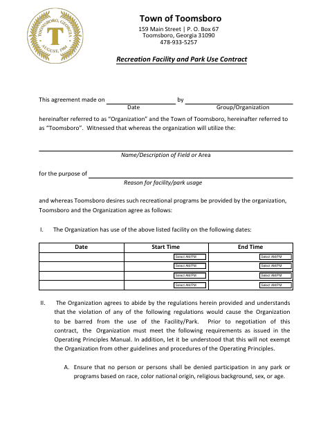 First page of the Recreation Facility and Park Use Contract