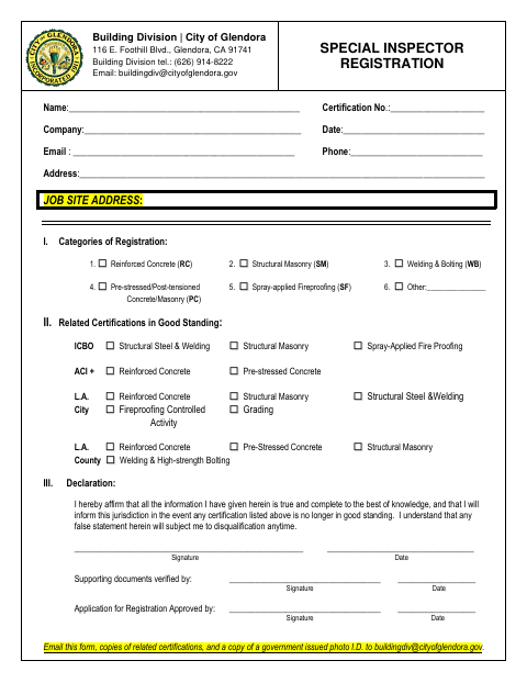 First page of the Special Inspector Registration