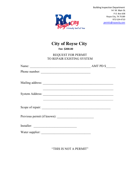First page of the Request for Permit to Repair Existing System