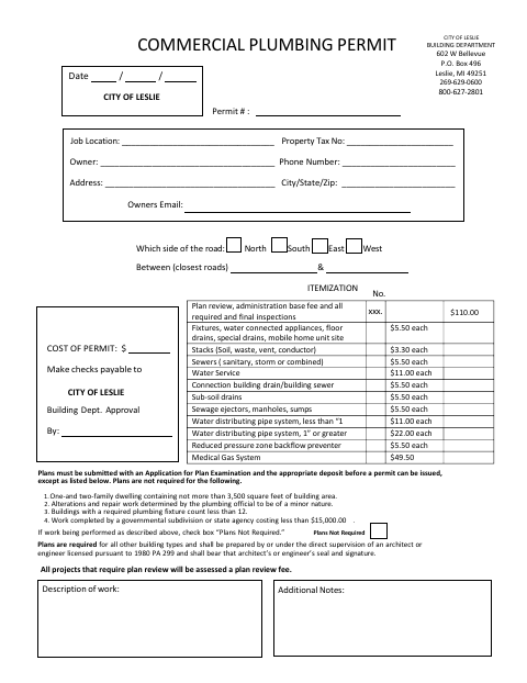 First page of the Commercial Plumbing Permit