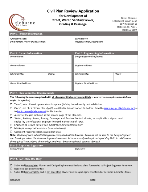 First page of the Civil Plan Review Application
