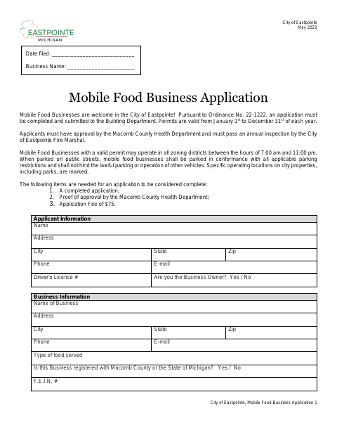 First page of the Mobile Food Business Application