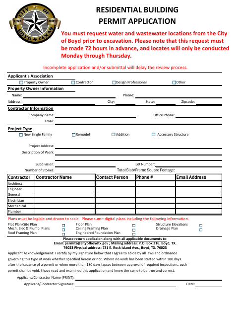 First page of the Residential Building Permit Application