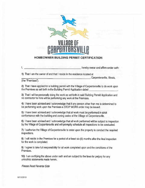First page of the Homeowner Building Permit Certification