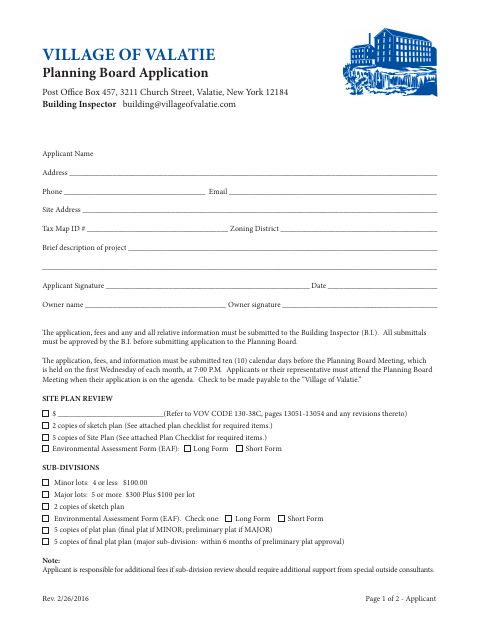 First page of the Planning Board Application