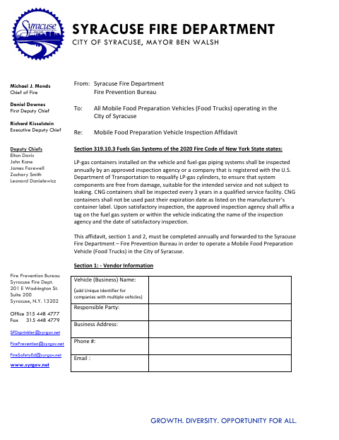 First page of the Mobile Food Preparation Vehicle Inspection Affidavit
